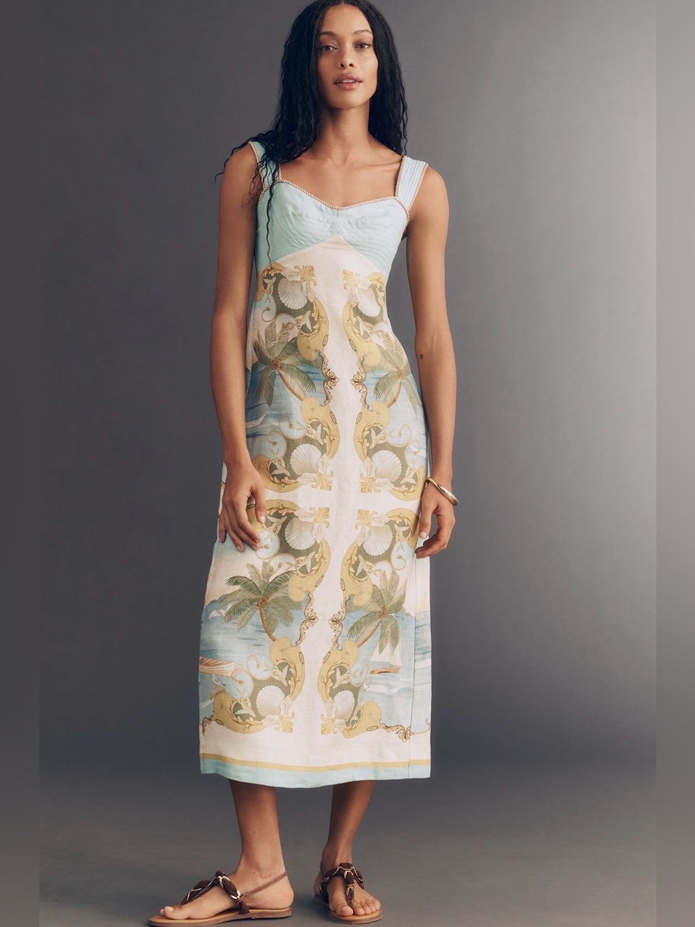 Farm Rio Royal Sea Linen Midi Dress, size L